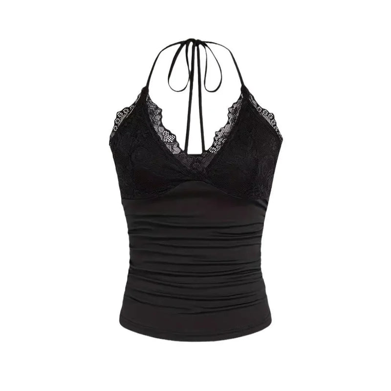 Women's Tank Top With Ruffled Halter Neckline Dull Black Knitted Fabric From For Spring