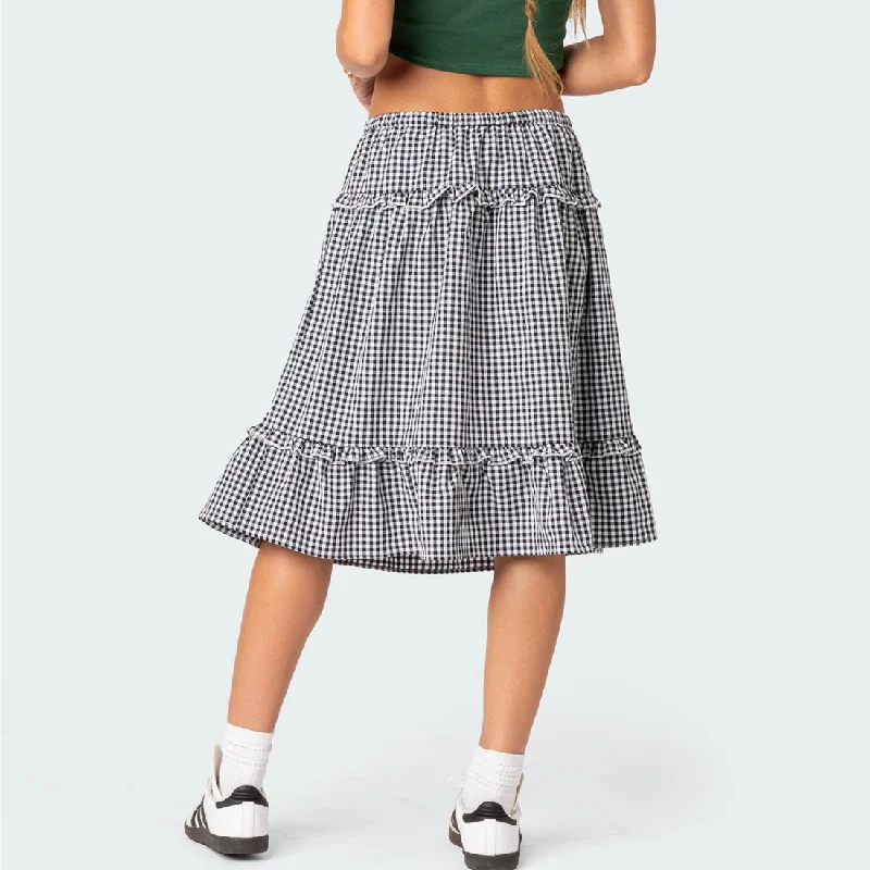 Holiday White Drawstring Low Waist Midi Skirt Women Side Zipper Ruched Swing Skirts Boho
