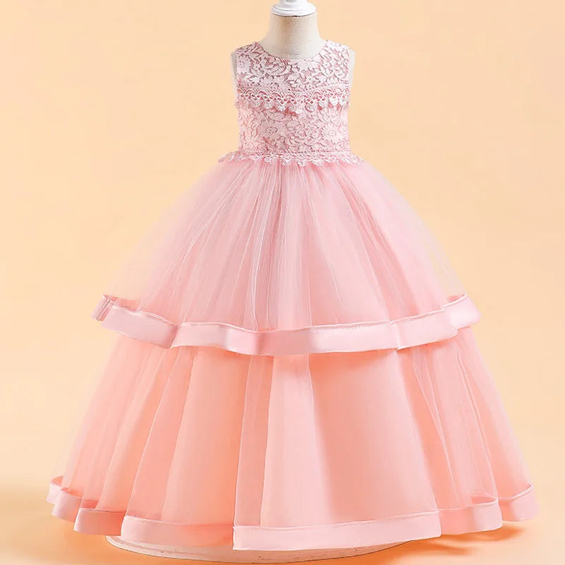 Girls Pink White Bridesmaid Dress For Wedding Lace Flower Appliques Ball Gown Girl Princess Elegant Birthday Party Costumes