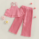 Kids Girls Clothes Suits Solid Color Ruffles Sleeveless Sling Tank Tops and Elastic Waist Pleated Wide-Leg Pants 2Pcs Set