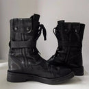 Retro Round Toe Black Leather Boots Men Rivets Belt Buckles Side Zipper Straps Punk Style Motorcycle Riding Boots