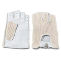 Pair of white leather gloves with beige crocheted cuffs on a white background, Obroi