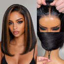 Golden Brown Highlights Straight Bob Wig With Drawstring Wear Glueless Human Hair Wig