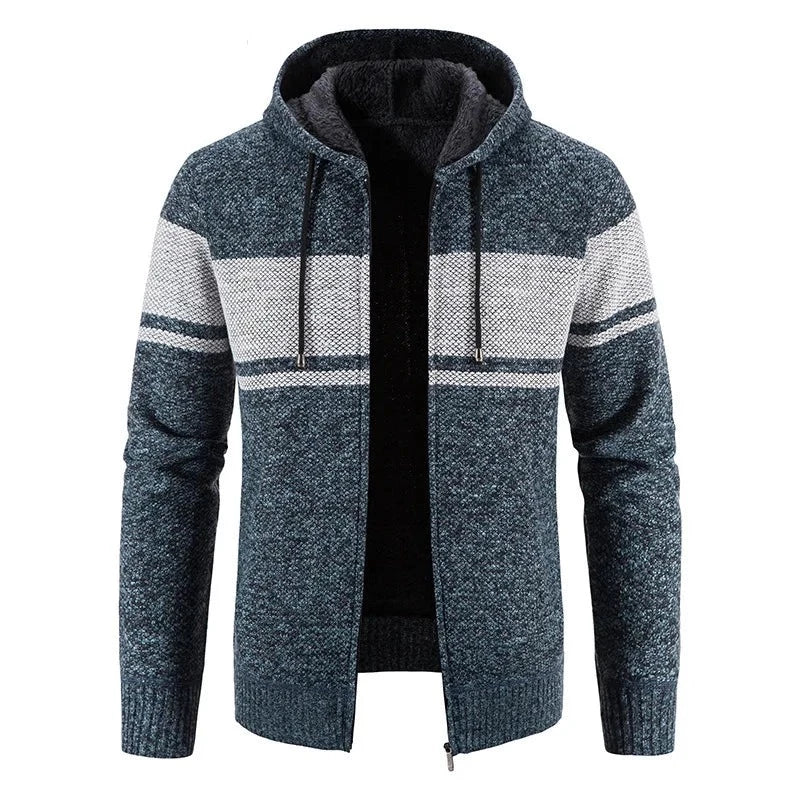 Men's  Knitted Sweater Jackets Autumn and Winter Men's Striped Hooded Fleece Thicken Keep Warm Cardigan Coats