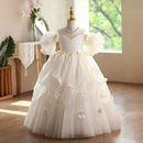 White Flower Girl Dress with Puff Sleeves Floral Applique Tulle Princess Ball Gown for Kids Dress