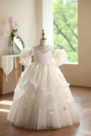 White Flower Girl Dress with Puff Sleeves Floral Applique Tulle Princess Ball Gown for Kids Dress