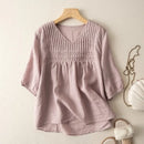 Women's Shirts Summer Loose Top V-neck Ladies Clothing Linen Blouses