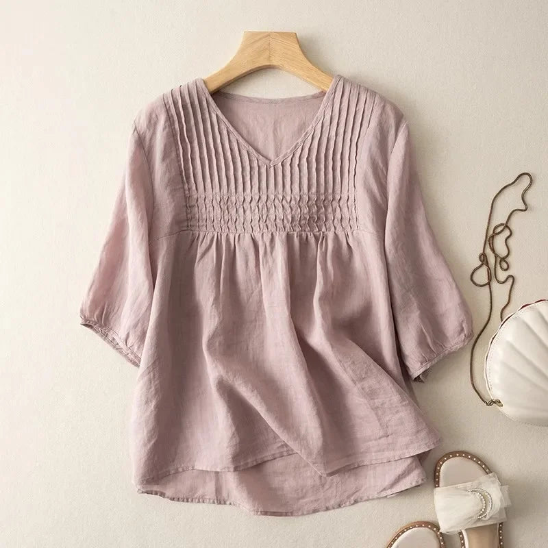 Women's Shirts Summer Loose Top V-neck Ladies Clothing Linen Blouses