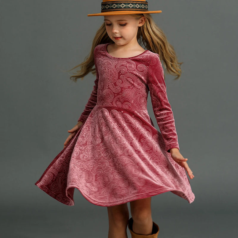 Winter and Autumn Velvet Embossed Dress for Preschool Girls Long Sleeve Swing Twist