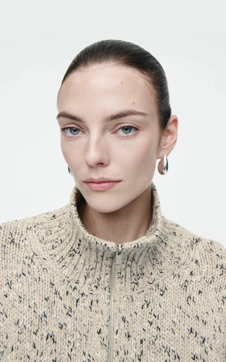 Ethereal costume winter of Women's casual version blended texture zipper cardigan