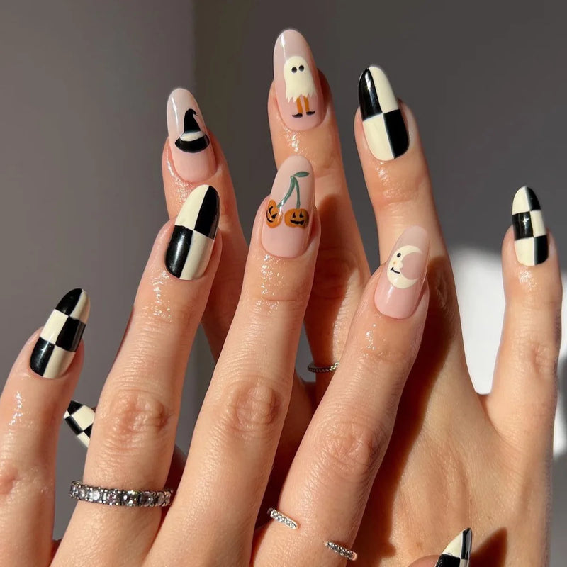 Halloween Scarlet Red Halo Dyeing Fake Nails Pumpkin Skeleton Detachable Finished False Nails Press on Nails