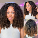 A collage showing a woman modeling a full, tightly curled wig from the front, side, and back. The wig has dark brown roots with warm caramel and honey blonde highlights throughout the curls, Obroi