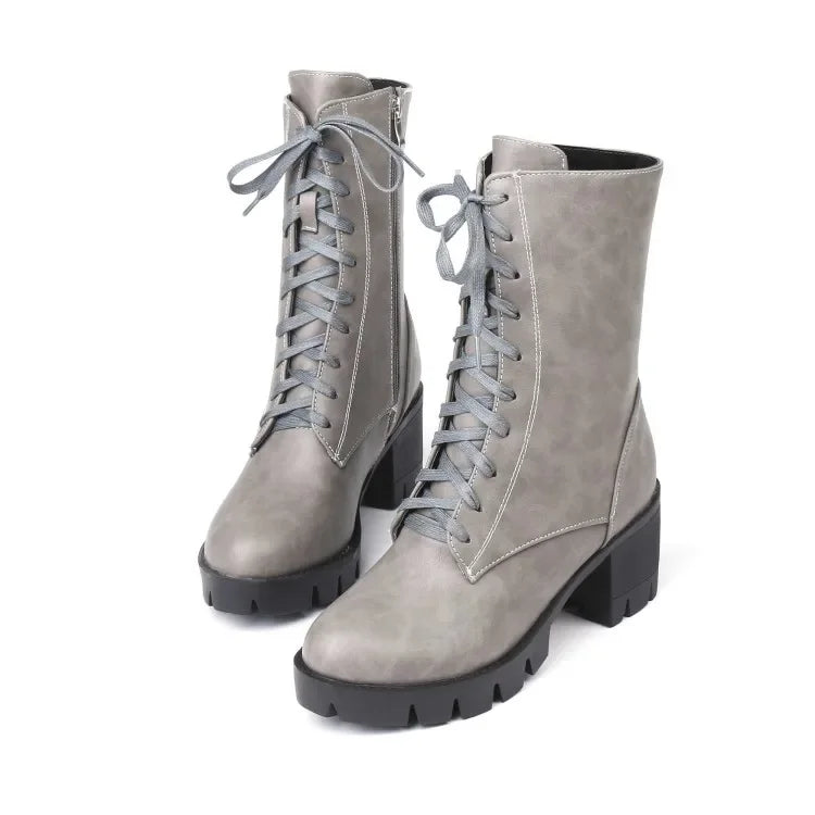 Winter Round head Thick heel boots student Lace Plus velvet Keep warm High heel Women boots size