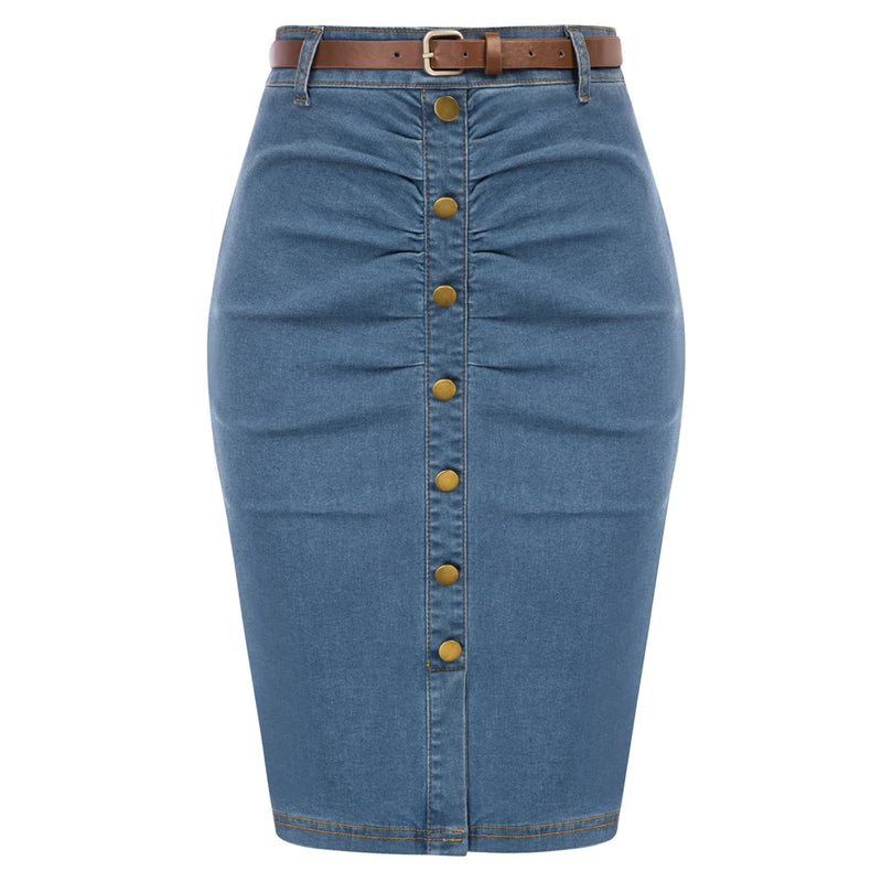 Women Jean Skirt With Belt High Waist Ruched Front Bodycon Skirt