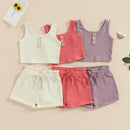 Summer Kids Girl Outfits Buttons Sleeveless Rib Knit Tops Elastic Waist Shorts Clothes Set