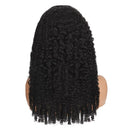 Black curly wig displayed on a mannequin head from the back, showing tight ringlets and a full, voluminous silhouette against a plain white background, Obroi
