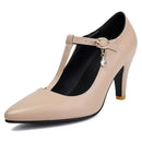 Pumps for Women Pointed Toe Thin Heels 8.5cm Buckle T-Strap Shoes