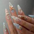 24pcs Blue Ocean Fake Nails Beach Shells Pearl False Nail Tips Almond Press on Nails