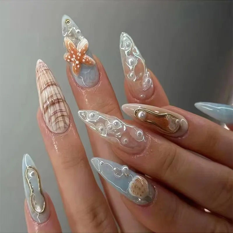 24pcs Blue Ocean Fake Nails Beach Shells Pearl False Nail Tips Almond Press on Nails