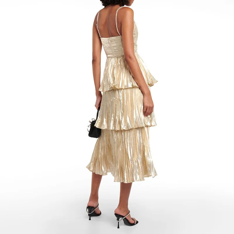 Cake Dresses Women Summer Metal Layer Ruffle Strap Diamond Prom Long Evening Party Dress