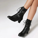 Female Boots Round Toe Block Heels 5cm Zipper Lace Up Belt Buckle Casual Mid Calf