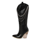 Knee High Boots Women Wedges Western Boots Ladies Chain Pointed Toe Autumn Winter Long Boots