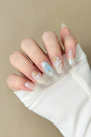 10PCS Blue Ocean Cat Eye Press on Nails Almond Shape Nail Art Pearl Shell Lovely Nails for Daily Wear