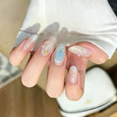 10PCS Blue Ocean Cat Eye Press on Nails Almond Shape Nail Art Pearl Shell Lovely Nails for Daily Wear