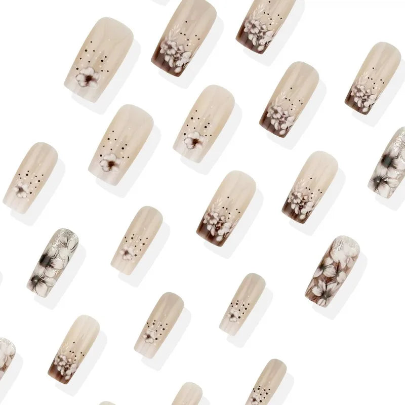 24pcs Medium Square False Nails with Flower Pattern Glitter Gradient White Retro French Press on Nails Full Cover Wearable Nail