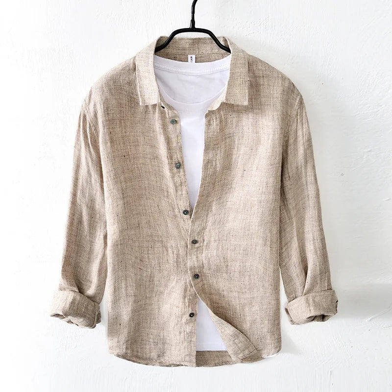 Linen Shirts for Men Spring Summer Causal Long Sleeve Top Retro Lapel Plain Shirt Simple Breathable