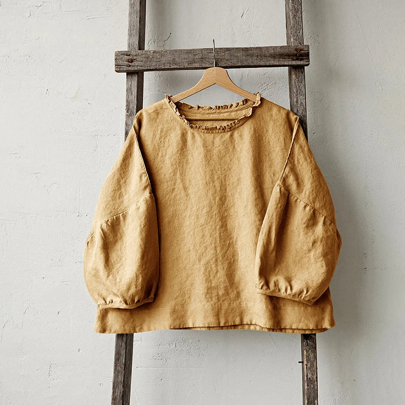 Retro Linen Women T-Shirt Casual Loose O-Neck Ruffles Long Sleeve Tees Spring Autumn Basic Tops Shirts