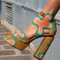 Brown Flower Pattern Hollow Platform Sandals Heel peep Toe Summer Woman Shoes