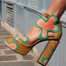 Brown Flower Pattern Hollow Platform Sandals Heel peep Toe Summer Woman Shoes