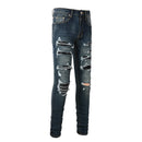 Men Black Leather Patches Denim Jeans Streetwear Pants Holes Ripped Dark Blue Stretch Trousers
