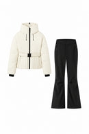 Women's Elegant Hooded Zip Beige Skiing Padded Snowboard Sports Parkas Coats Lady Thick Warm Pants Trousers 2PCS Sets Suits