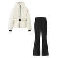 Women's Elegant Hooded Zip Beige Skiing Padded Snowboard Sports Parkas Coats Lady Thick Warm Pants Trousers 2PCS Sets Suits