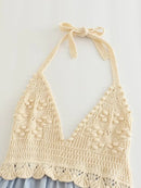 Women Summer Sweet Hollow Out Embroidery Mini Dress Sexy Slim Chic Halter Neck Super Short Dresses