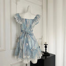 Women Blue Lace Bow Dress Vintage Elegant Sleeveless Kawaii Flower Dresses
