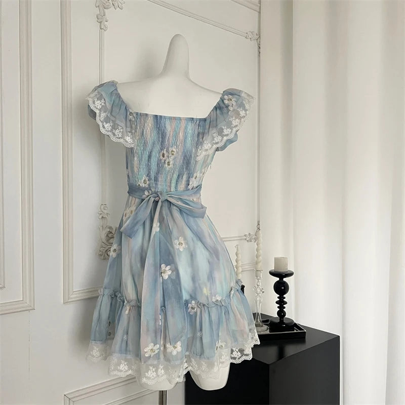 Women Blue Lace Bow Dress Vintage Elegant Sleeveless Kawaii Flower Dresses