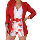 Women Blazer Shorts Set Solid Thin Coat High Waist Flower Short Pants Commute Cardigan Style Lady Outfit