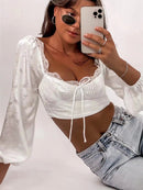 Woman Sweet Cute Jacquard Lace-up Tube Top Short Blouse Summer Long Sleeve Backless Crop Top Shirt