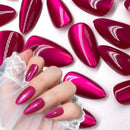 Hand with pink stiletto nails surrounded by additional pink nails on a white background, Obroi