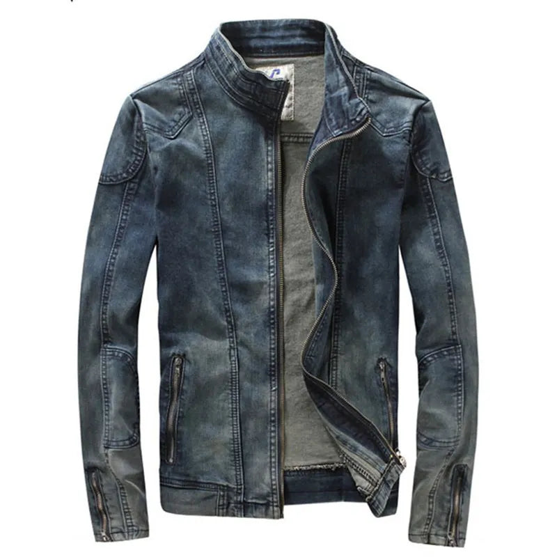 Retro Handsome Men Europe and The United States Boutique Slim Jeans Jacket Standing Collar Denim Jacket