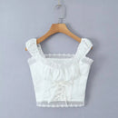 Women Lace Patchwork White Tank Top Front Bandage Summer Crop Top Cotton