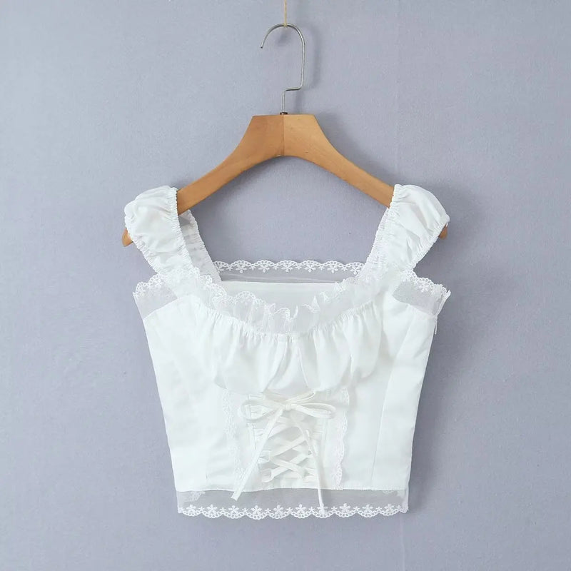 Women Lace Patchwork White Tank Top Front Bandage Summer Crop Top Cotton