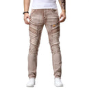 Beige biker jeans worn by a person on a white background with 'Obroi' branding.