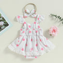 Summer Infant Baby Girls Casual Bodysuit Dress White Flying Sleeve Floral Print Jumpsuit Bow Headband Clothes