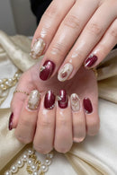 30Pcs Medium Oval Press On Nails Red Hand Painted Rose Pearl Retro Reusable Full Cover False Nails For Bridal Dail