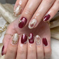 30Pcs Medium Oval Press On Nails Red Hand Painted Rose Pearl Retro Reusable Full Cover False Nails For Bridal Dail