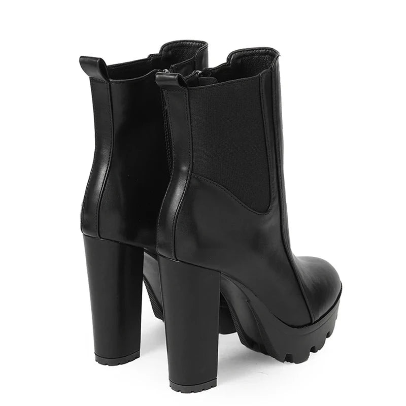 Ankle Boots for Women Elastic and Chunky Heel Round Toe Party Boots with Zipper